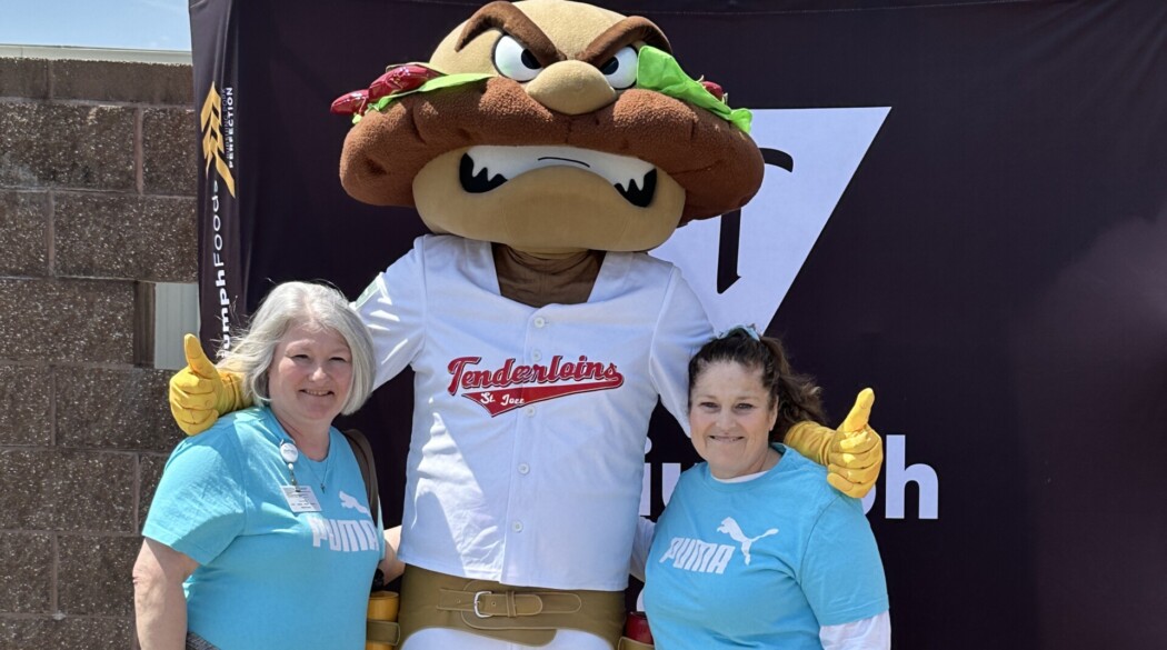 (ST. JOSEPH, Mo.) Triumph Foods and the St. Joseph Mustangs teaming up to promote their new mascot, Big T, a tenderloin representing the baseball team. 