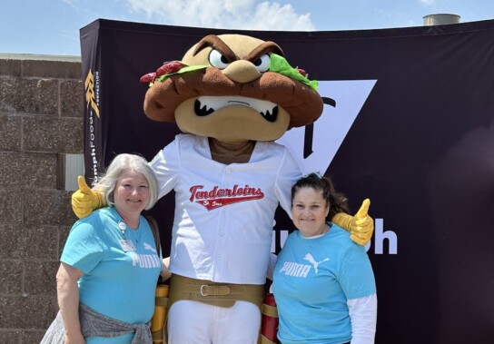 (ST. JOSEPH, Mo.) Triumph Foods and the St. Joseph Mustangs teaming up to promote their new mascot, Big T, a tenderloin representing the baseball team. 